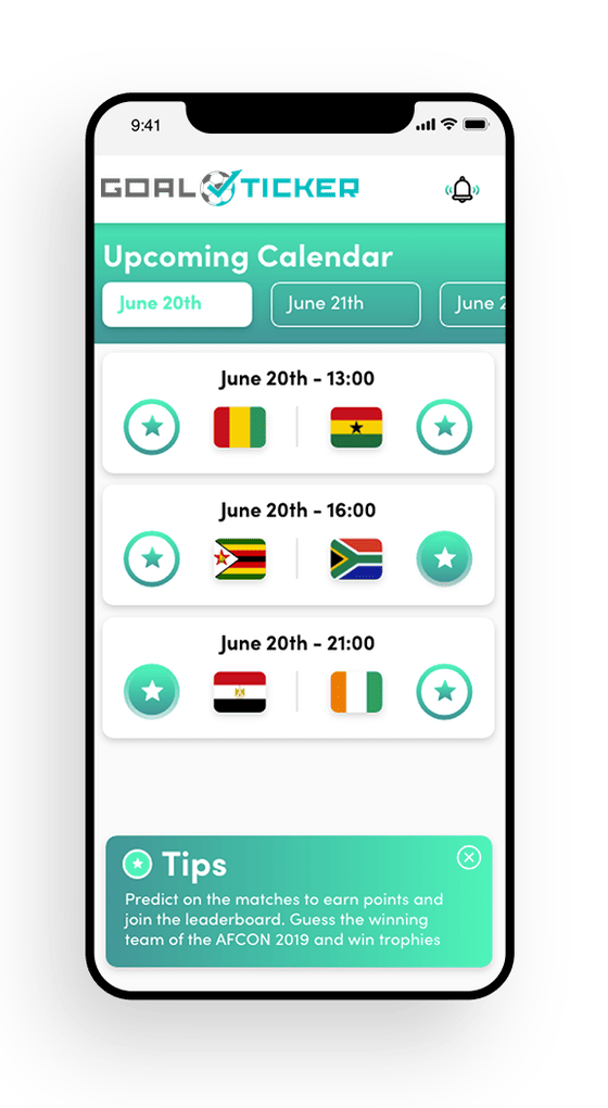 GoalTicker calendar of upcoming fixtures with kick-off times