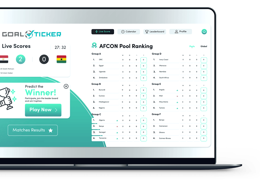 GoalTicker live match dashboard with scores and league rankings side by side