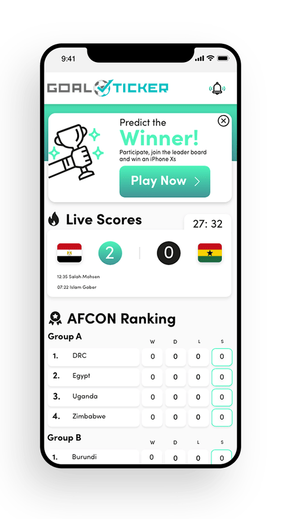 GoalTicker prediction screen showing live scores and AFCON group standings